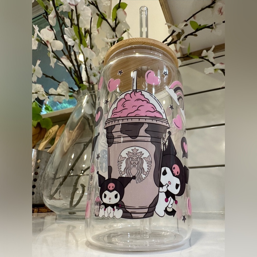 ANIME KUROMI Starbucks 16oz Glass Coffee Tea with Bamboo lid and Glass Straw NWT